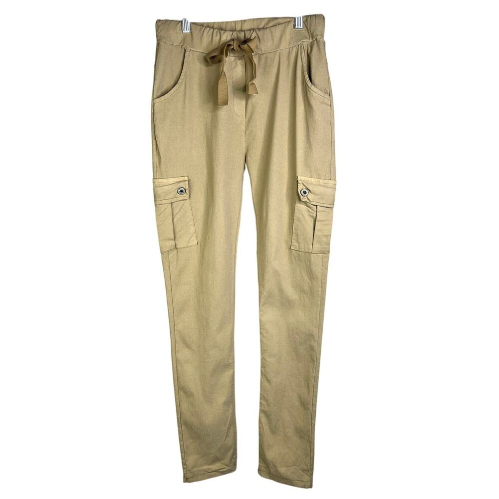 Tina Stephens Ashley Cargo Pants Womens Sz S Beige High Rise Slim Fit Drawstring